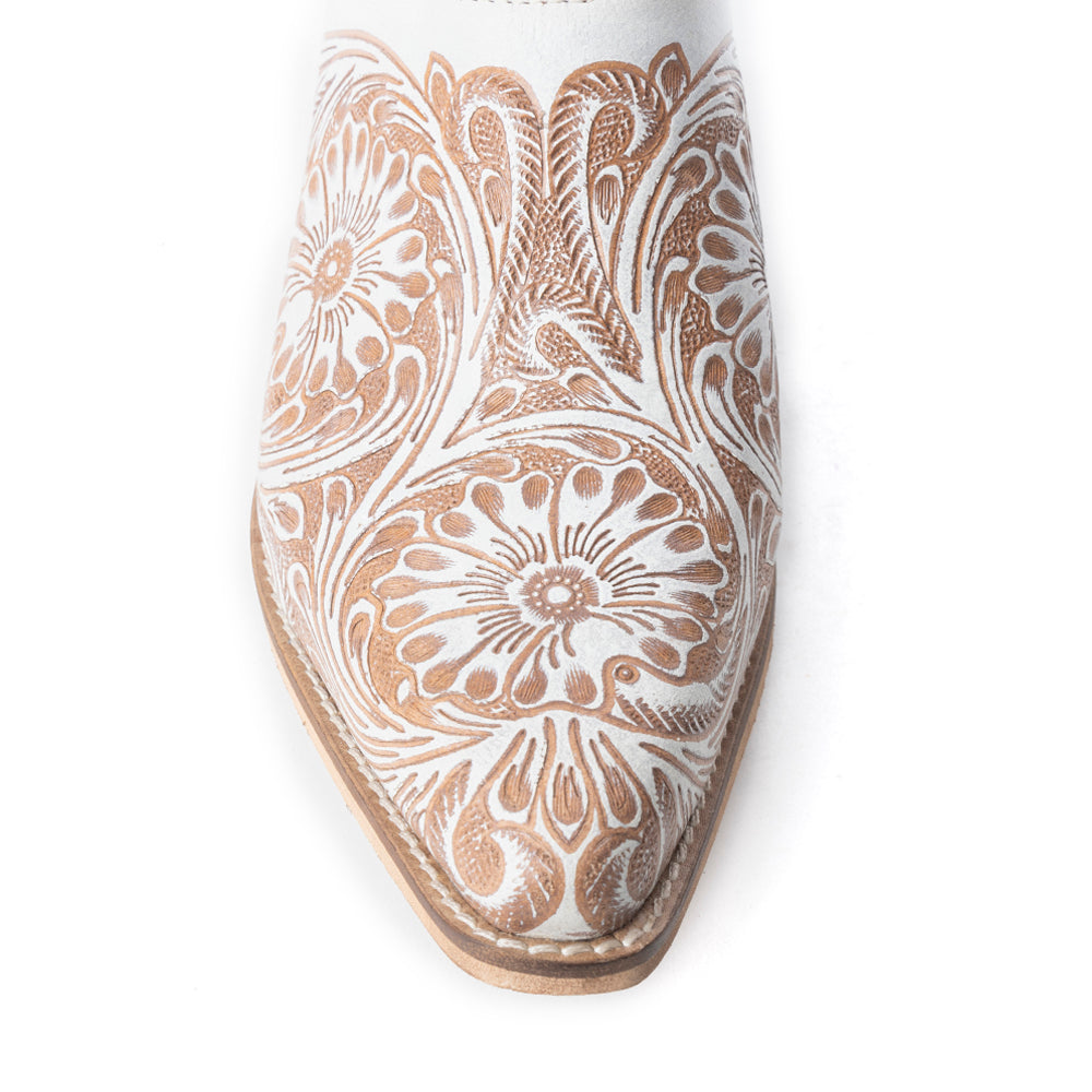 Valeria Hand-tooled Mules In White