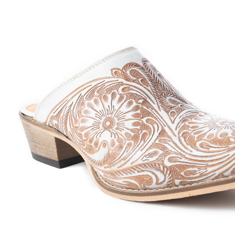 Valeria Hand-tooled Mules In White