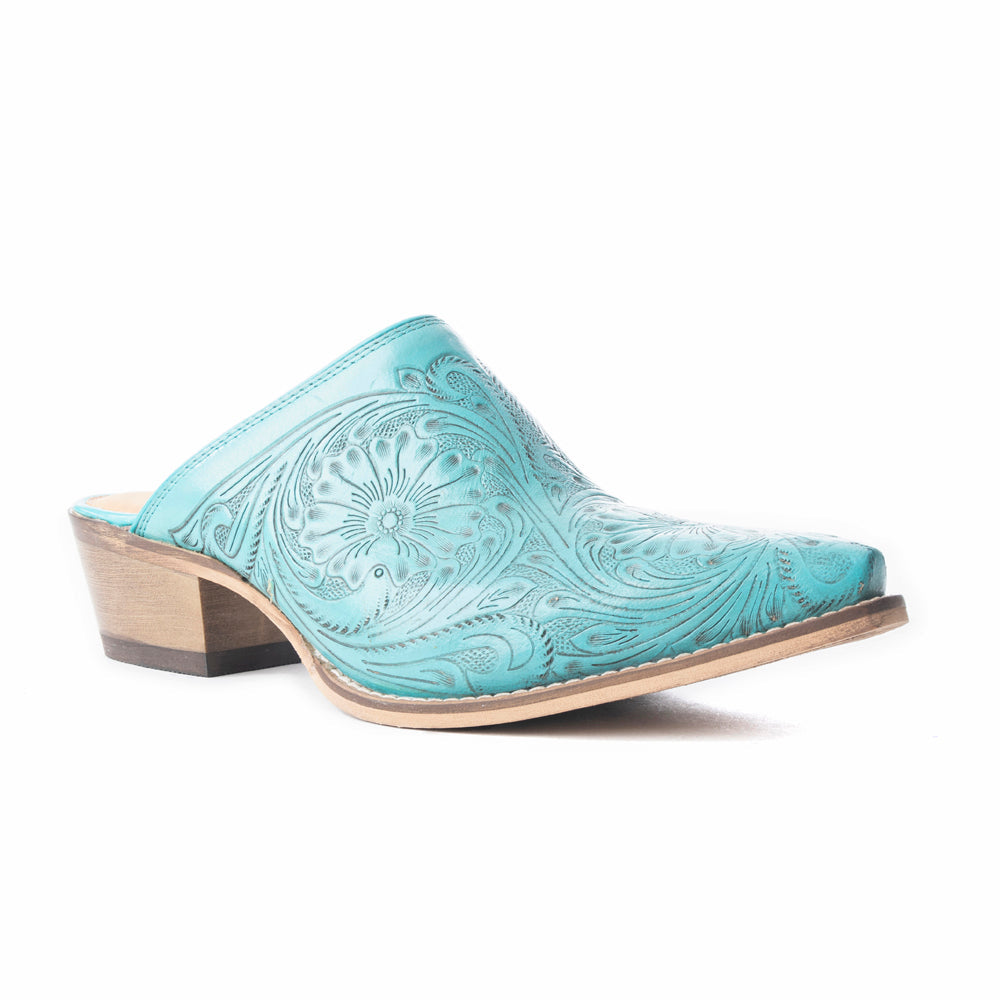 Valeria Hand-tooled Mules In Turquoise