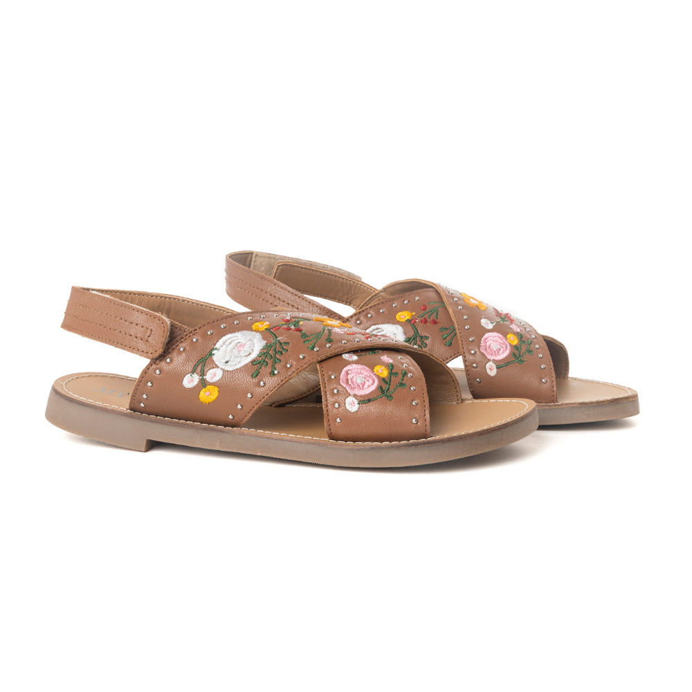 Lilytrail Embroidered Leather Sandals in Tan
