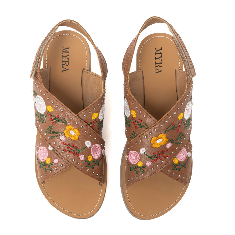 Lilytrail Embroidered Leather Sandals in Tan