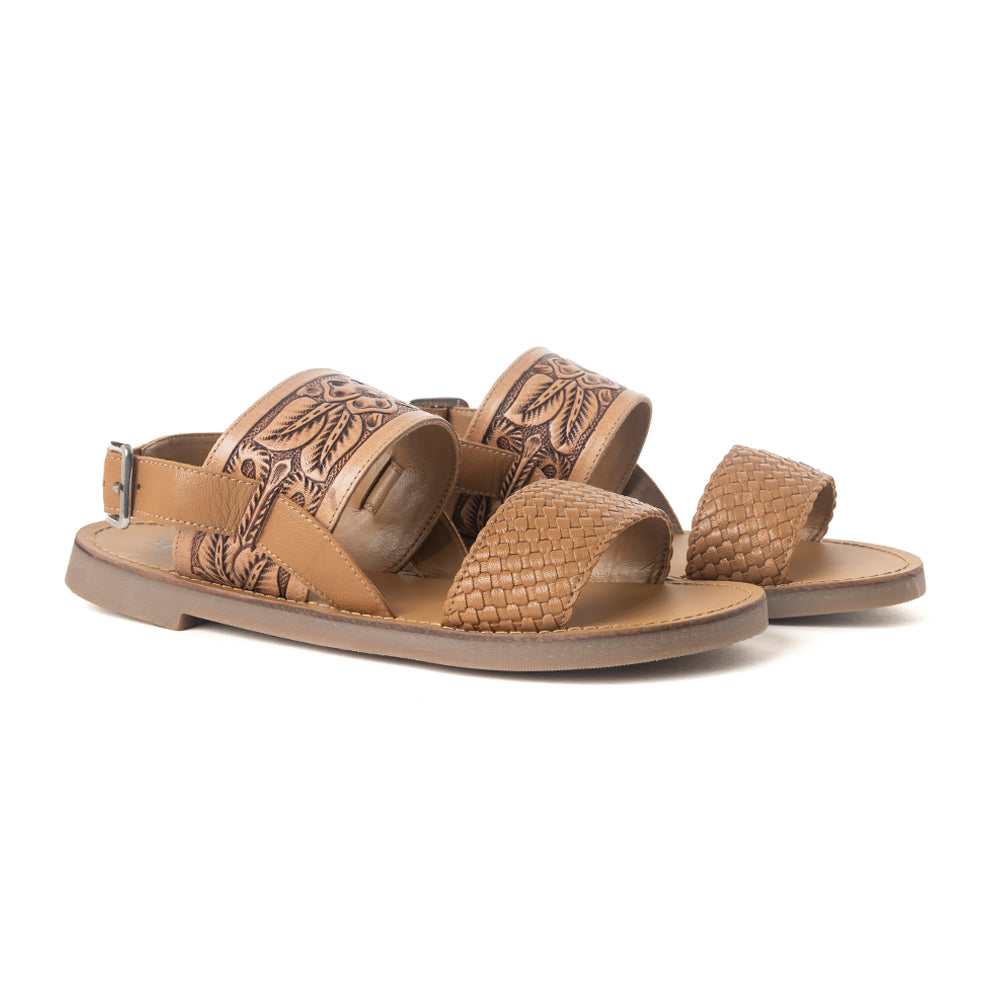 Pinehorn Handtooled Leather Sandals in Oak Brown