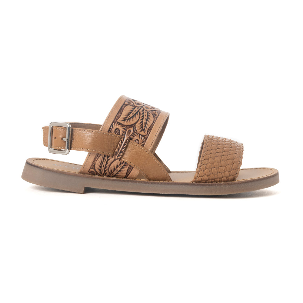 Pinehorn Handtooled Leather Sandals in Oak Brown