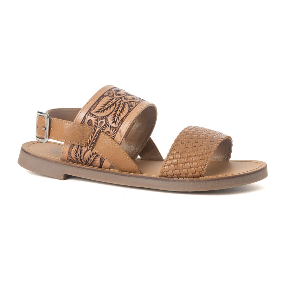 Pinehorn Handtooled Leather Sandals in Oak Brown