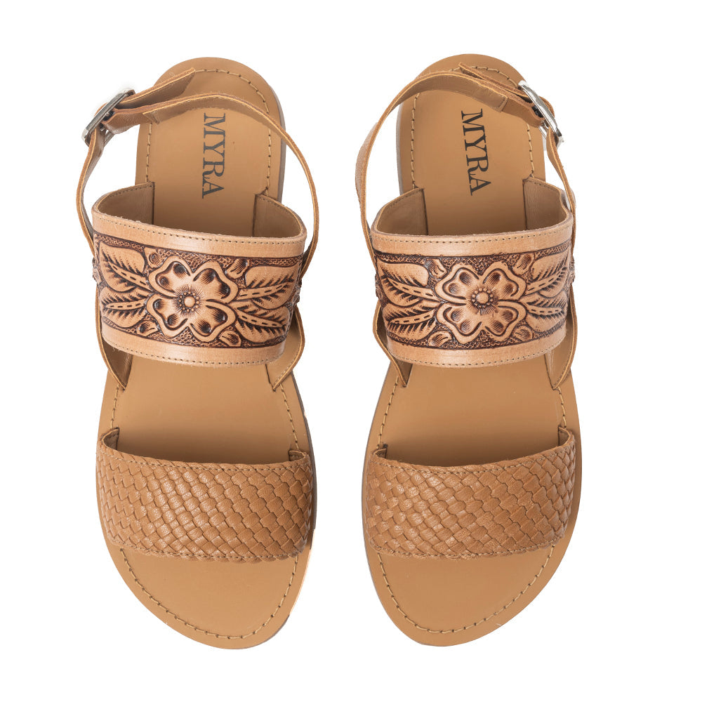 Pinehorn Handtooled Leather Sandals in Oak Brown