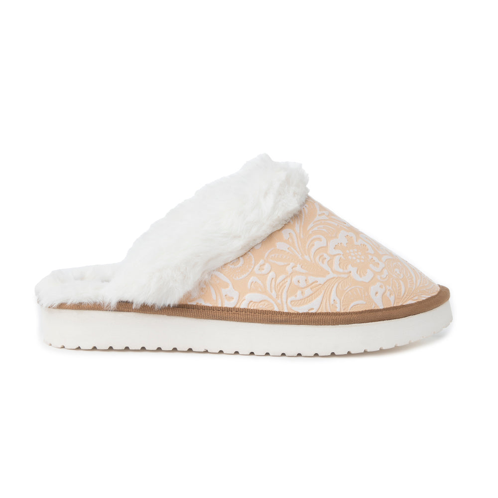 Snowdrift Embossed Leather Slippers in Wintry Beige