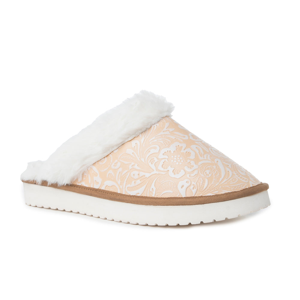Snowdrift Embossed Leather Slippers in Wintry Beige