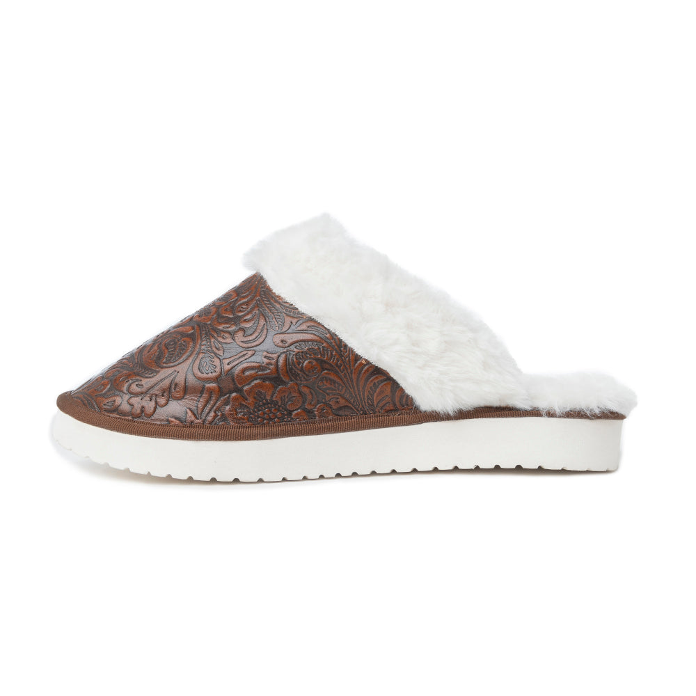 Snowdrift Embossed Leather Slippers in Dark Brown