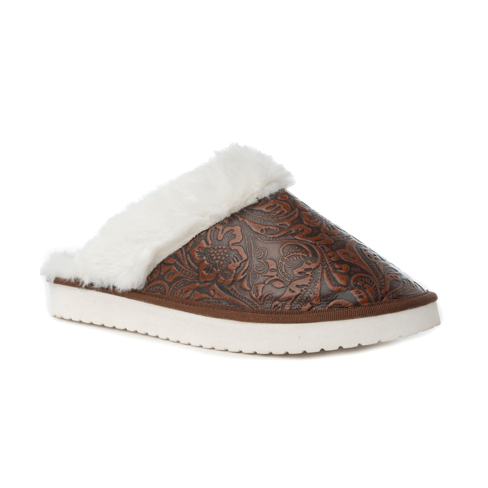 Snowdrift Embossed Leather Slippers in Dark Brown