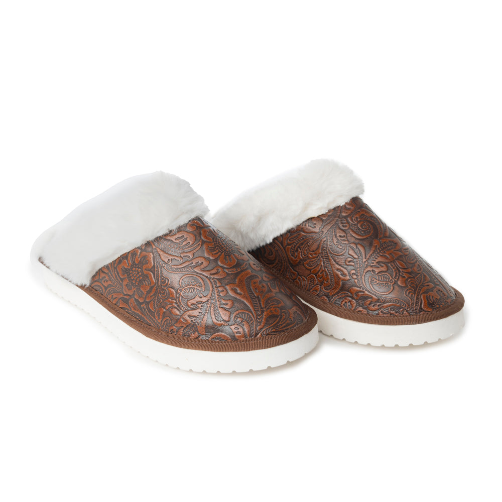 Snowdrift Embossed Leather Slippers in Dark Brown