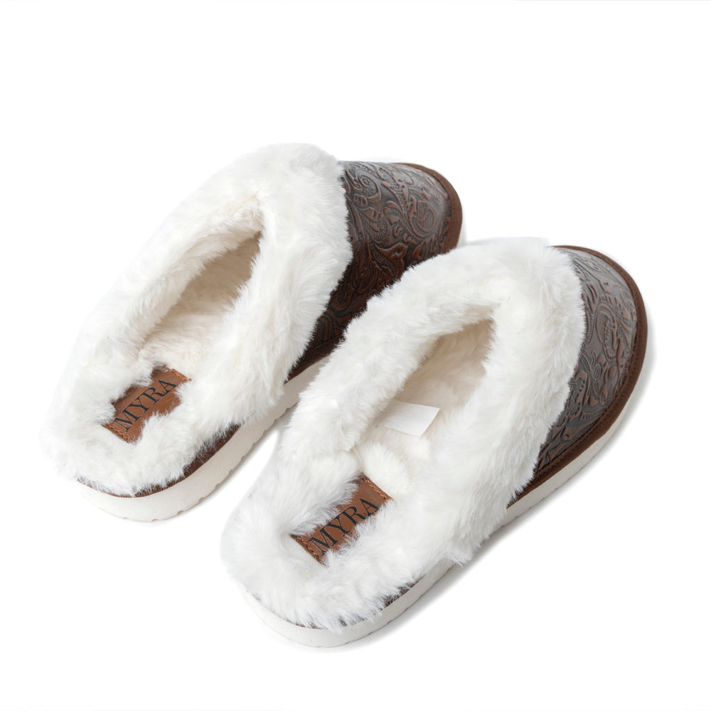 Snowdrift Embossed Leather Slippers in Dark Brown