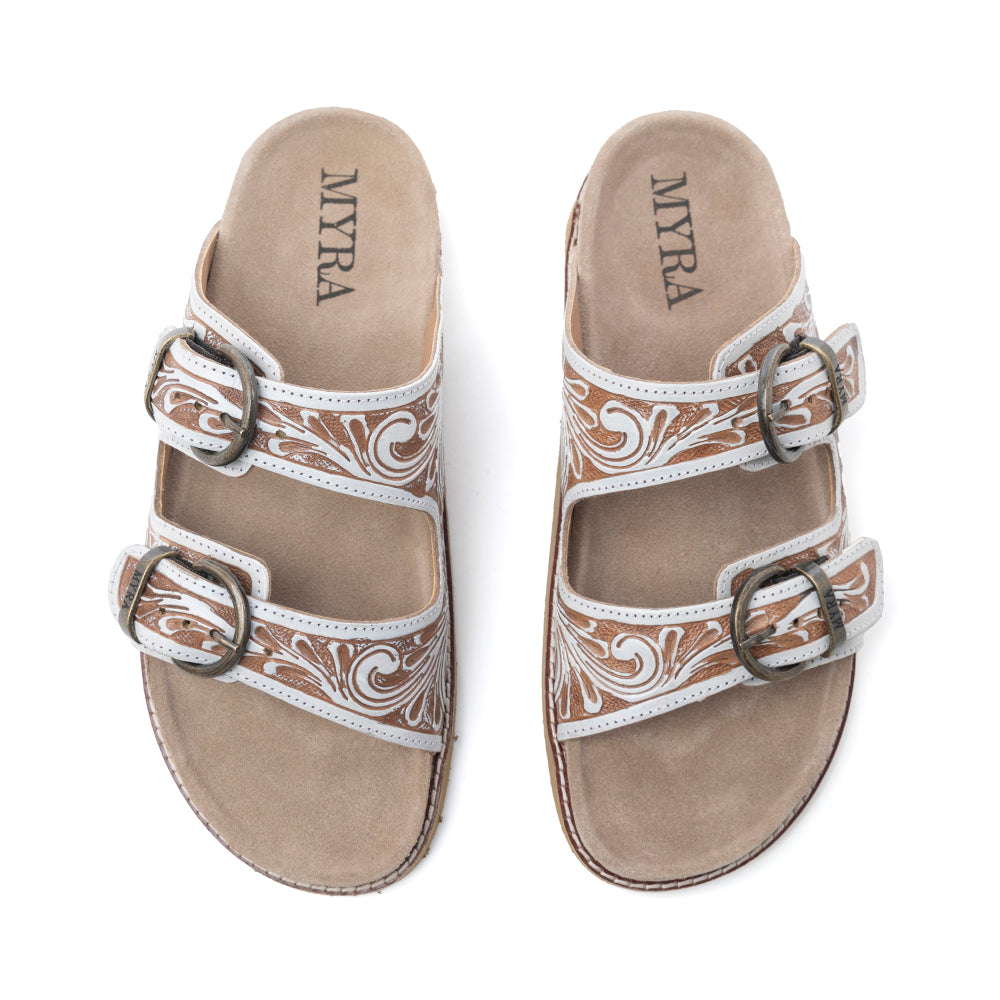 Marlowe Western Handtooled Leather Sandals in Ivory Bloom