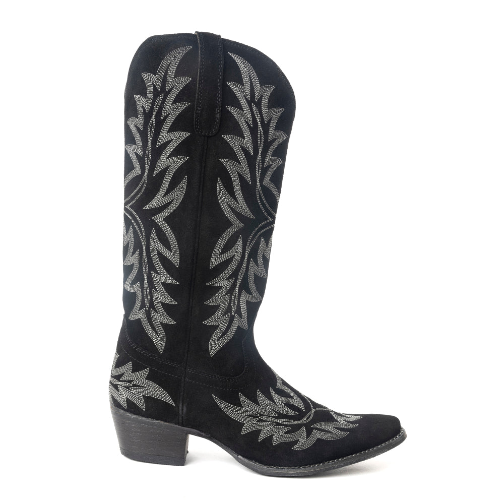 Midnight Trail Embroidered Leather Boots in Shadow Black
