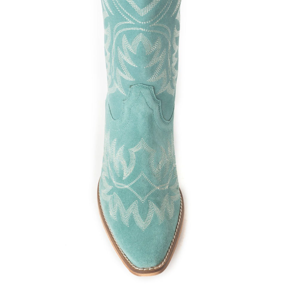 Midnight Trail Embroidered Leather Boots in Shadow Green