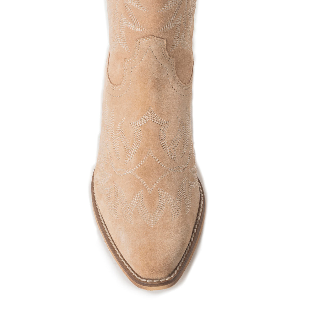 Midnight Trail Embroidered Leather Boots in Shadow Beige