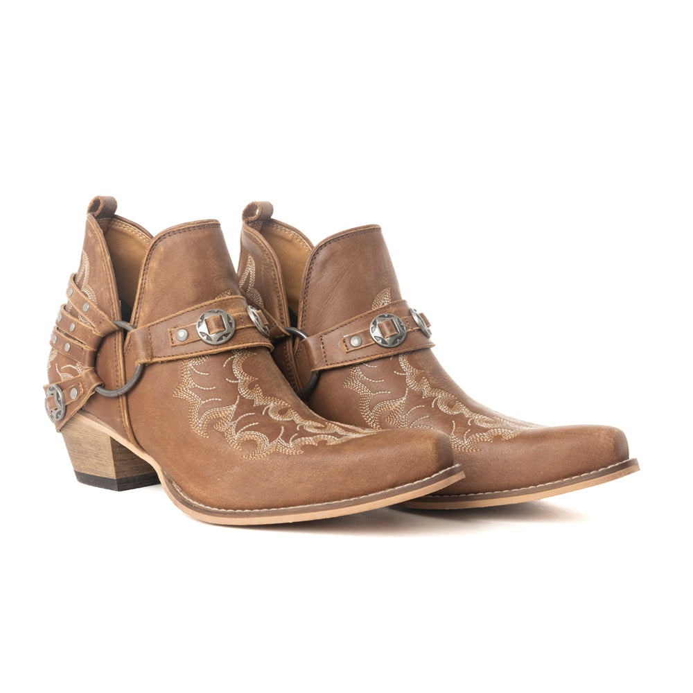 Western Ember Leather Embroidered Booties in Canyon Brown