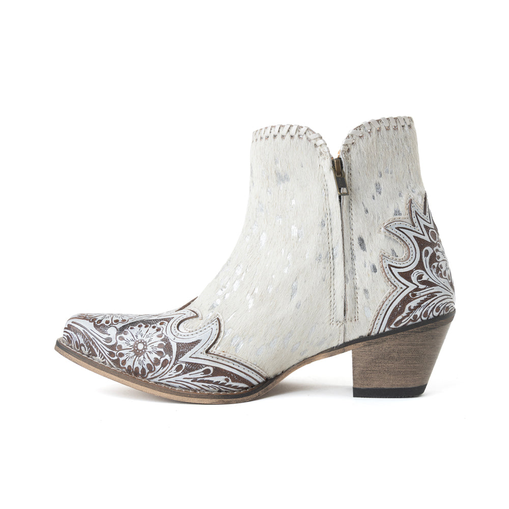 Sierra Belle Handtooled Leather Booties in Almond White