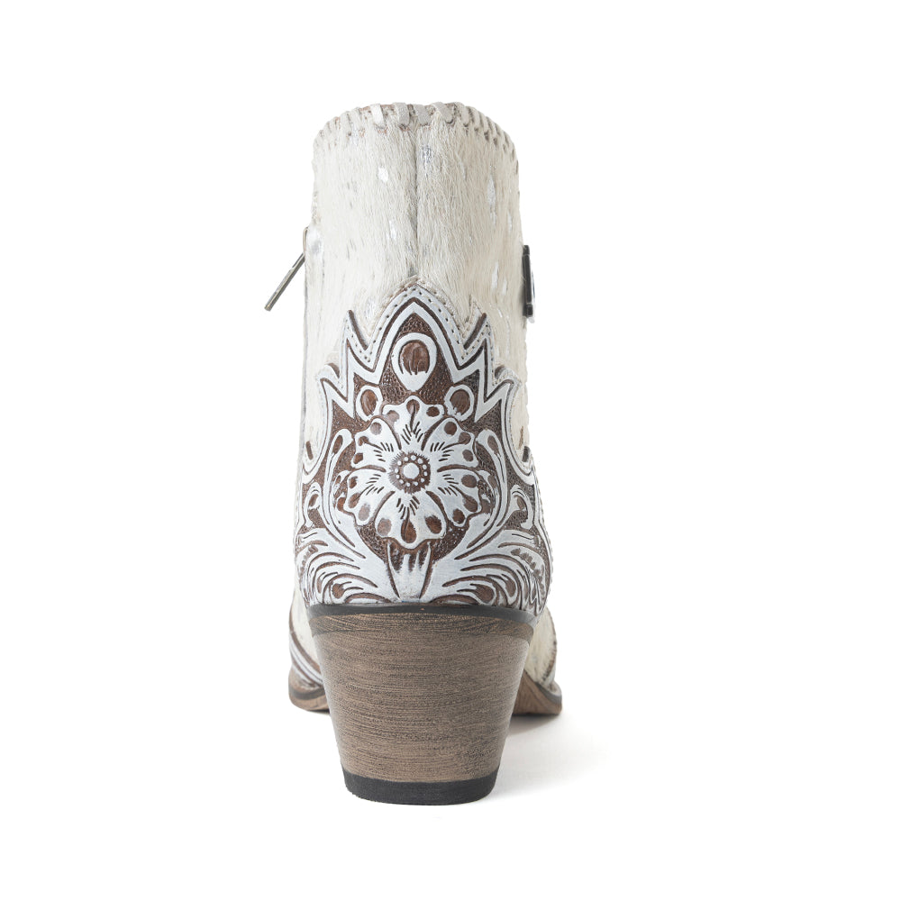 Sierra Belle Handtooled Leather Booties in Almond White