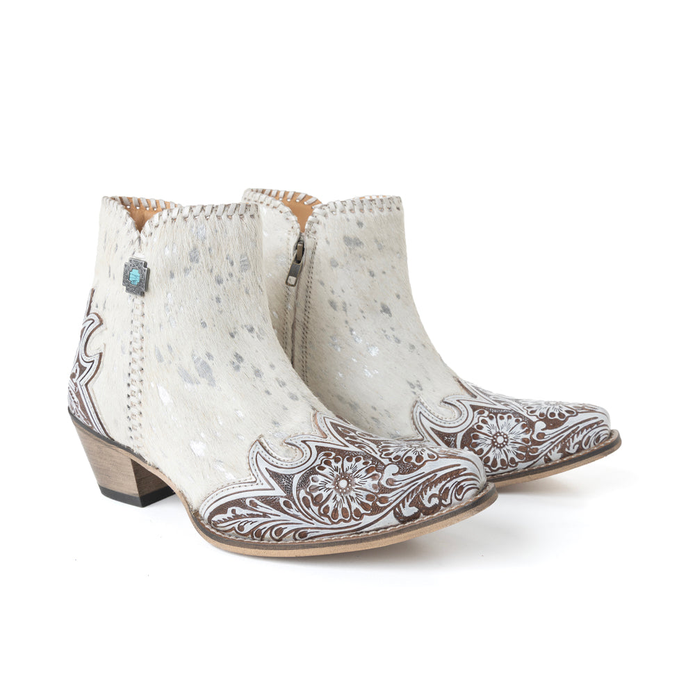 Sierra Belle Handtooled Leather Booties in Almond White