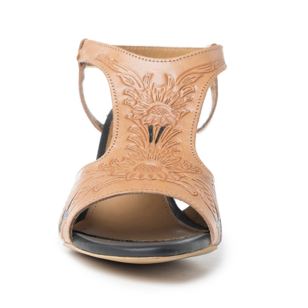 Rodeo Rose Handtooled Leather Heels in Amber Brown