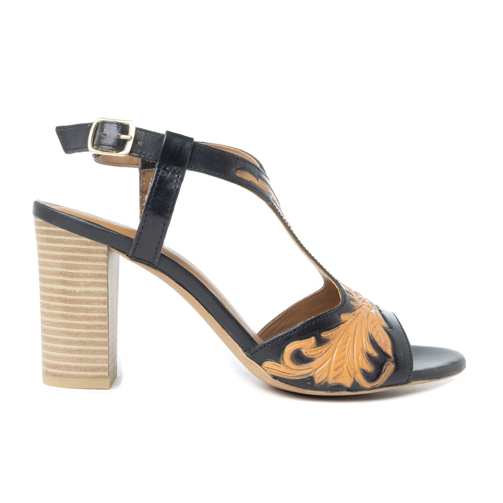 Rodeo Rose Handtooled Leather Heels in Natural Brown