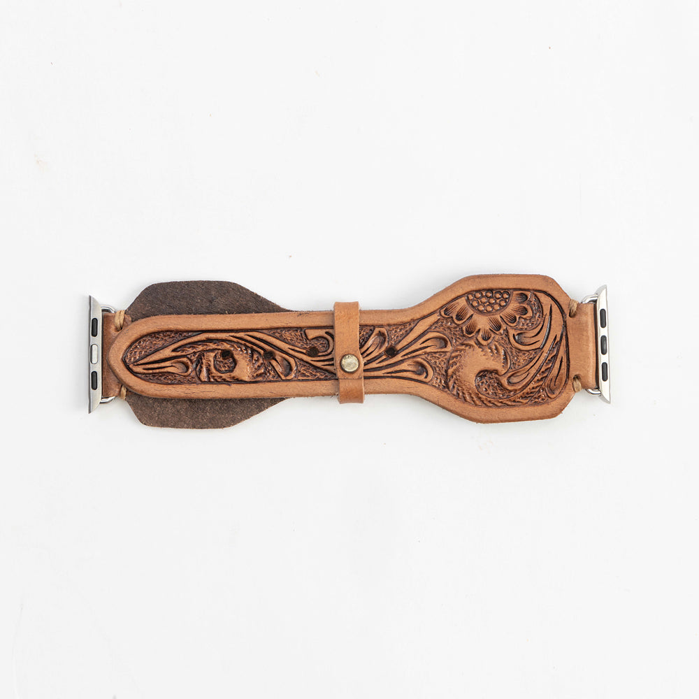 Lone Star Handtooled Leather Watch Band in Antique Saddle Brown