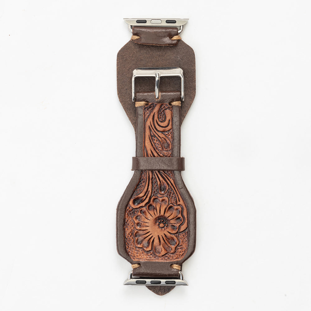 Lone Star Handtooled Leather Watch Band in Antique Mahogany