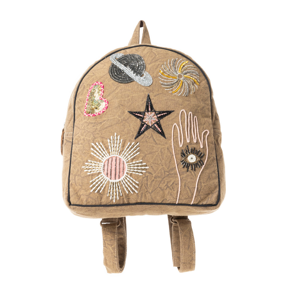 Boho Cosmic Upcycled Canvas Backpack in Vintage Taupe