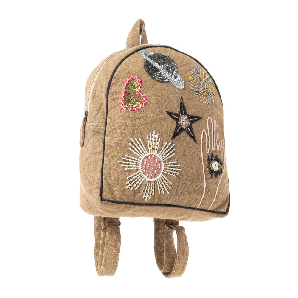 Boho Cosmic Upcycled Canvas Backpack in Vintage Taupe