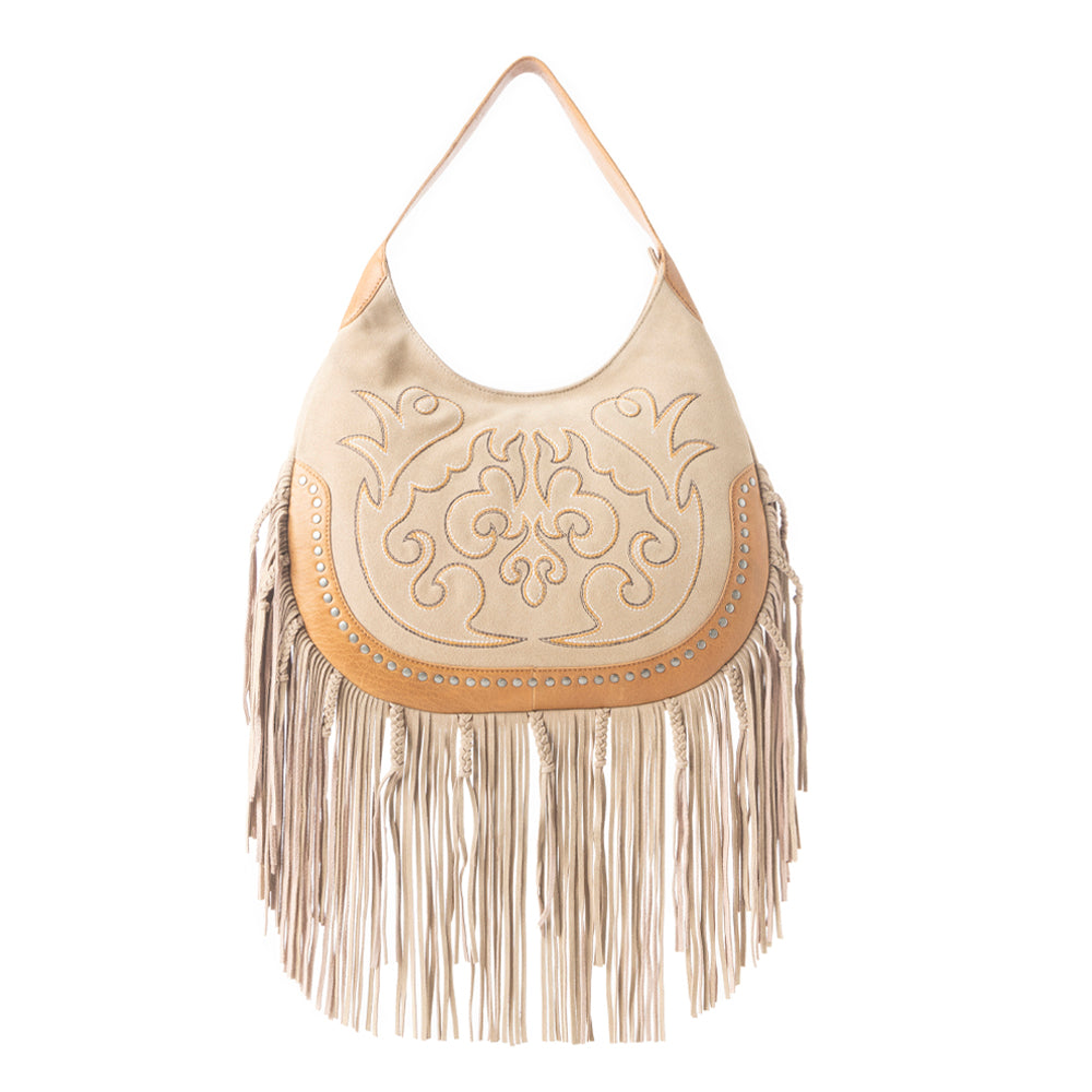 Sage Whisper Fringe Leather Bag in Beige