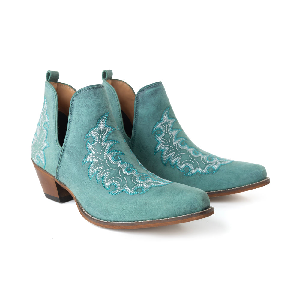 Sagebreeze Embroidered Leather Booties in Lagoon Teal