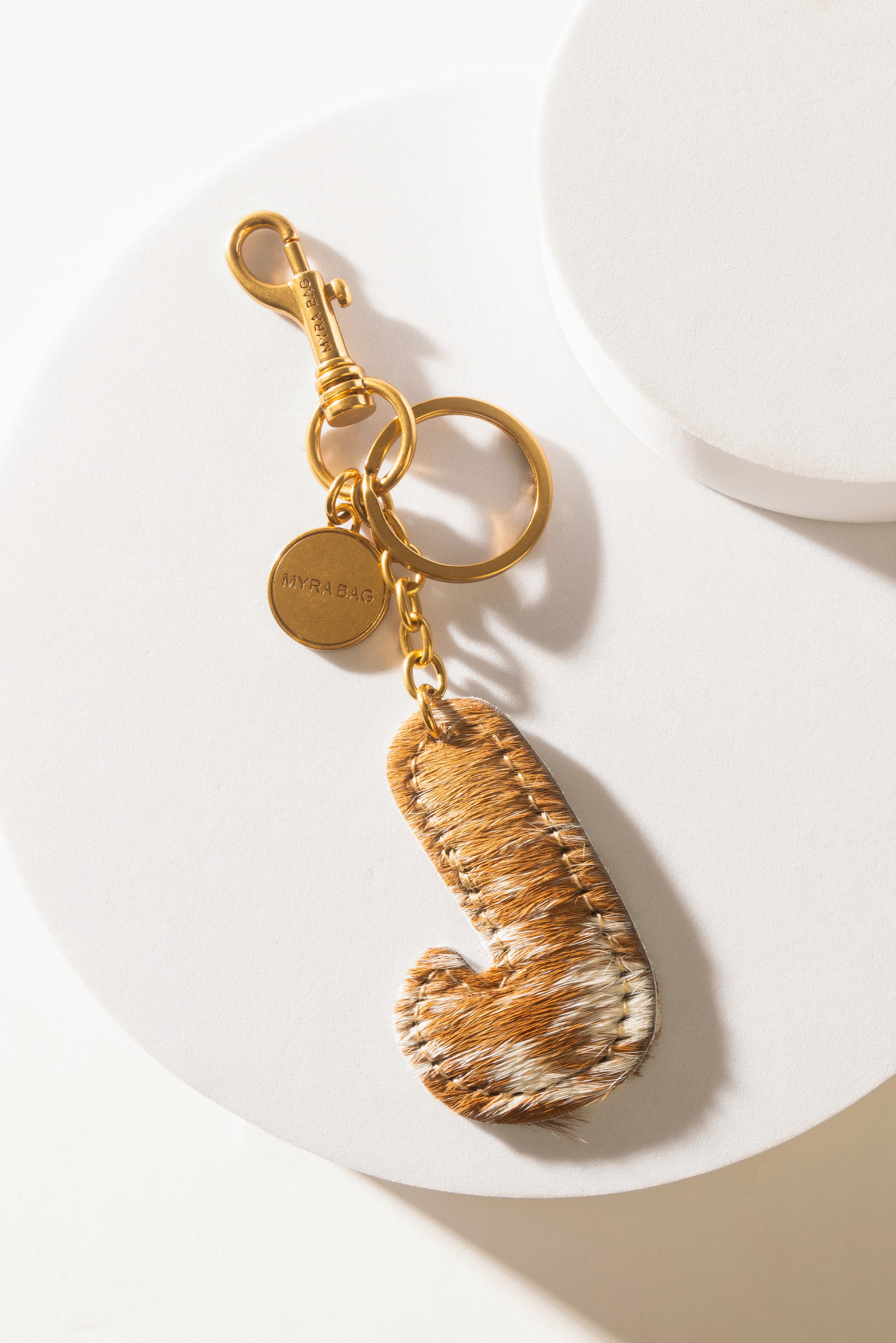 Alpha 'J' Hairon Bag Charm in Brown & White