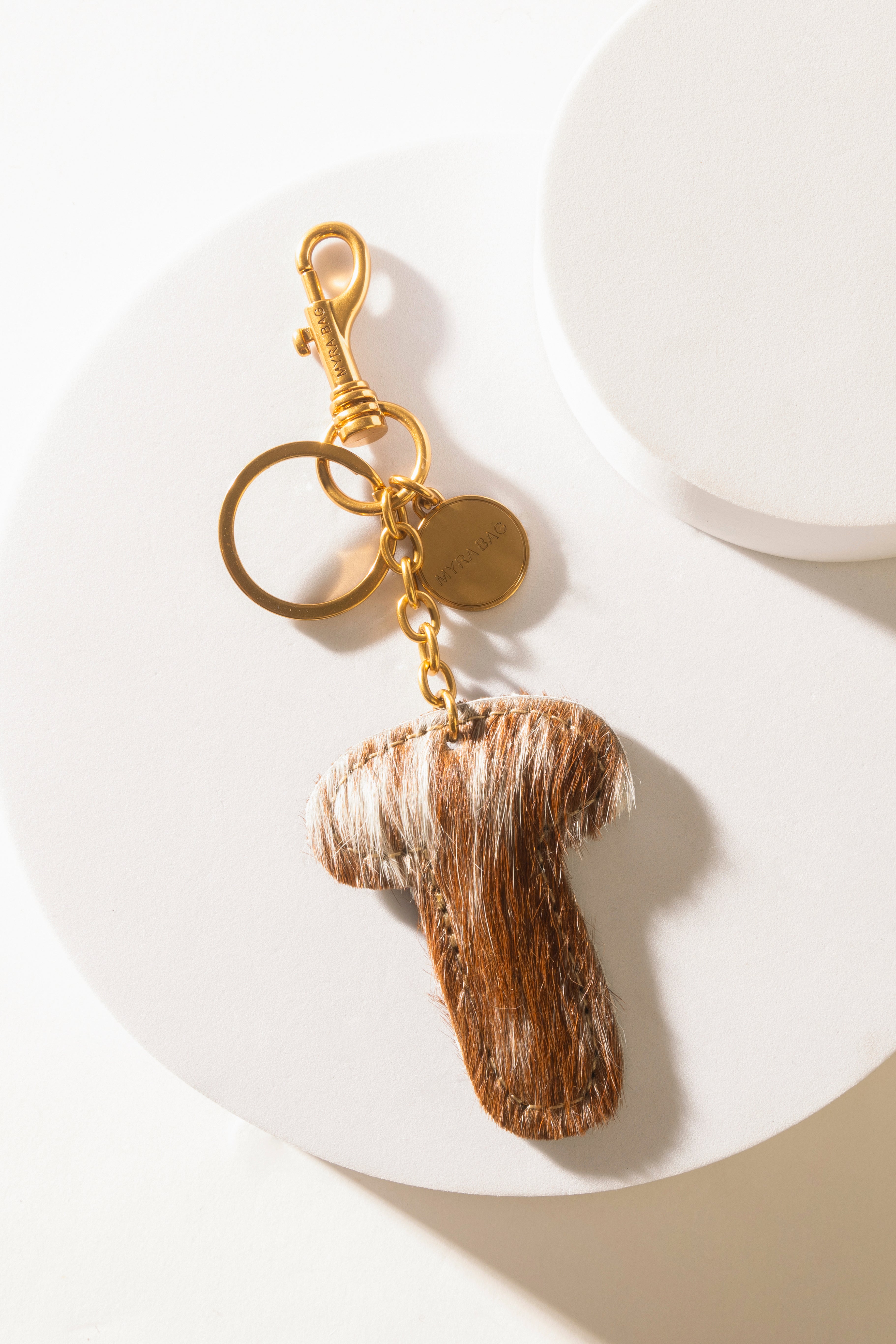 Alpha 'T' Hairon Bag Charm in Brown & White