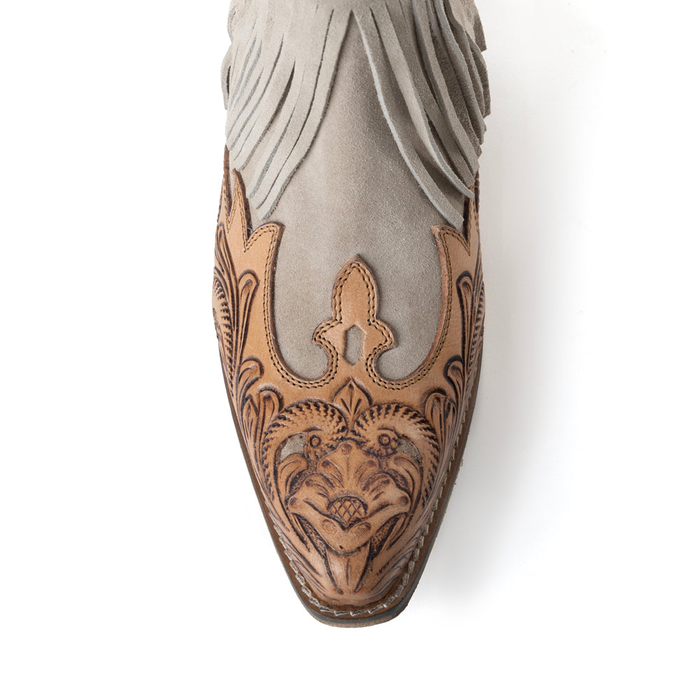 Cimarron Belle Fringed Handtooled Leather Booties in Wild Tan