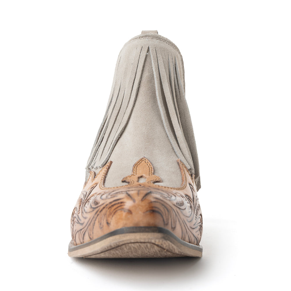 Cimarron Belle Fringed Handtooled Leather Booties in Wild Tan