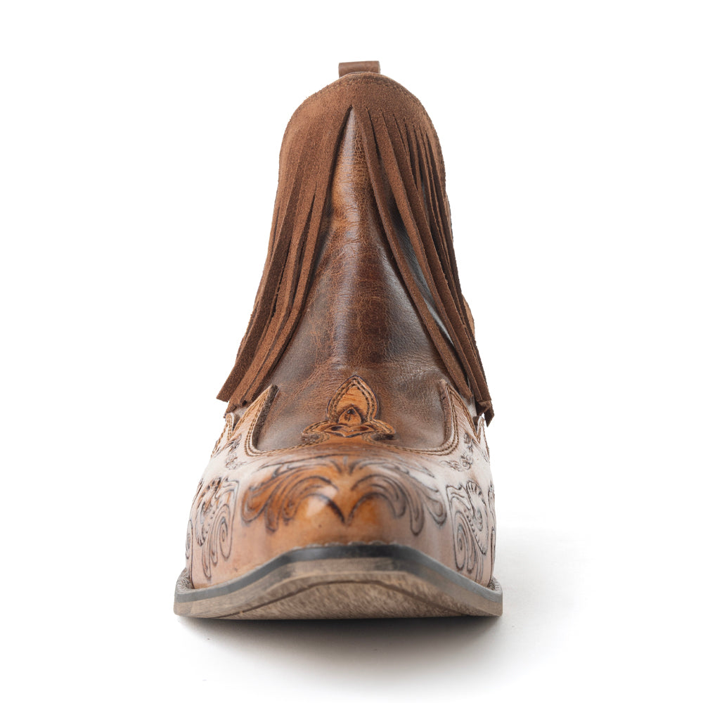 Wild Ember Fringed Handtooled Leather Booties in Golden Rust