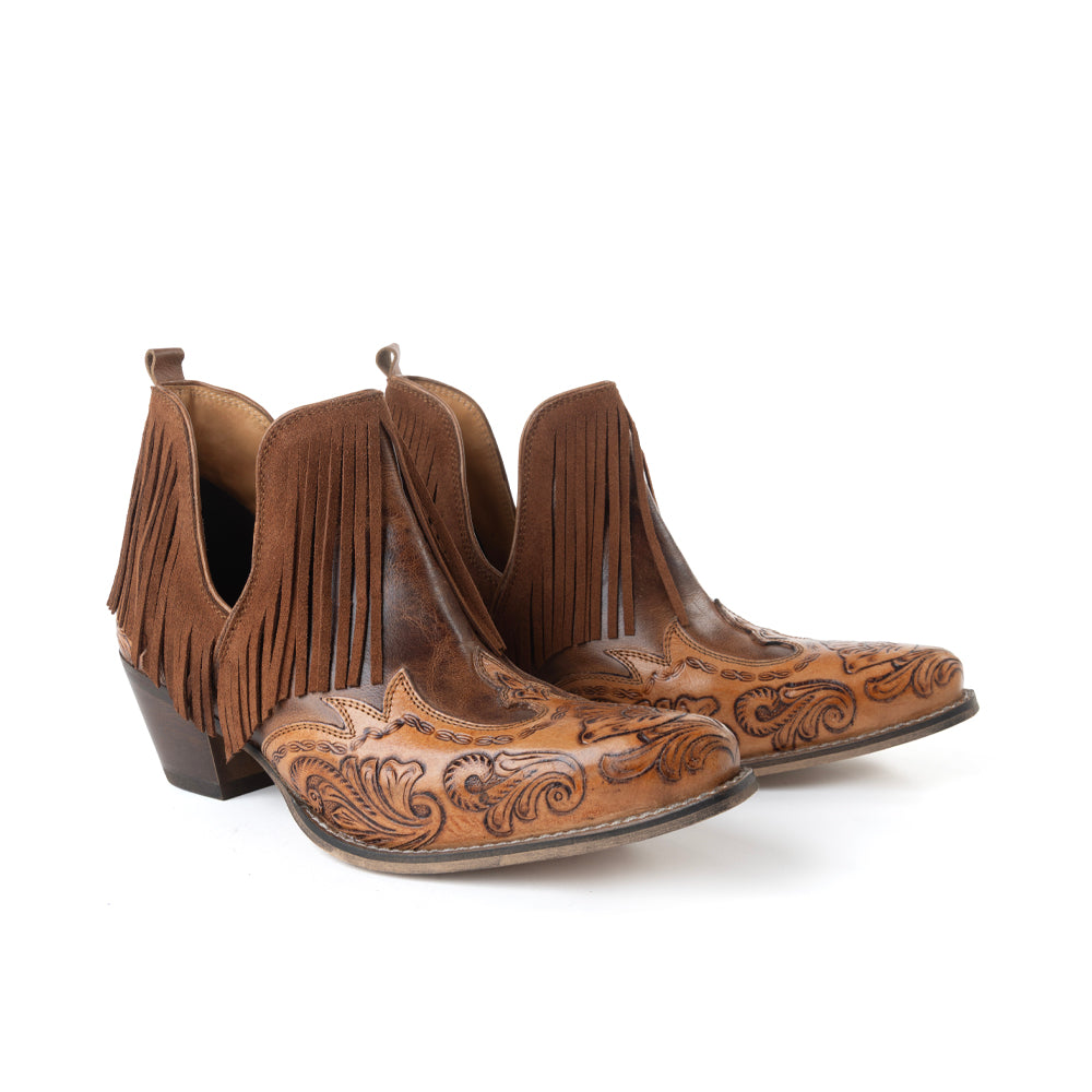 Wild Ember Fringed Handtooled Leather Booties in Golden Rust