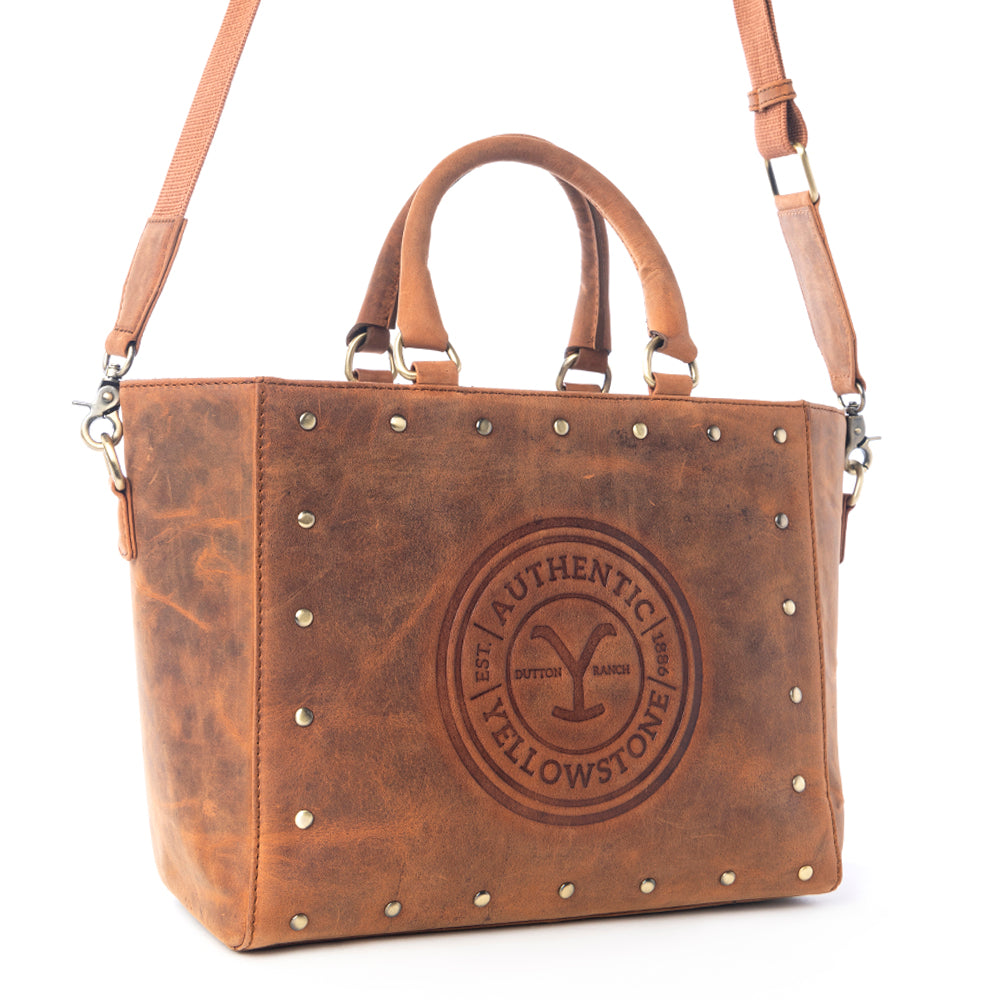 Yellowstone Valley Soul Studded & Embossed Tote Leather Bag in Amber