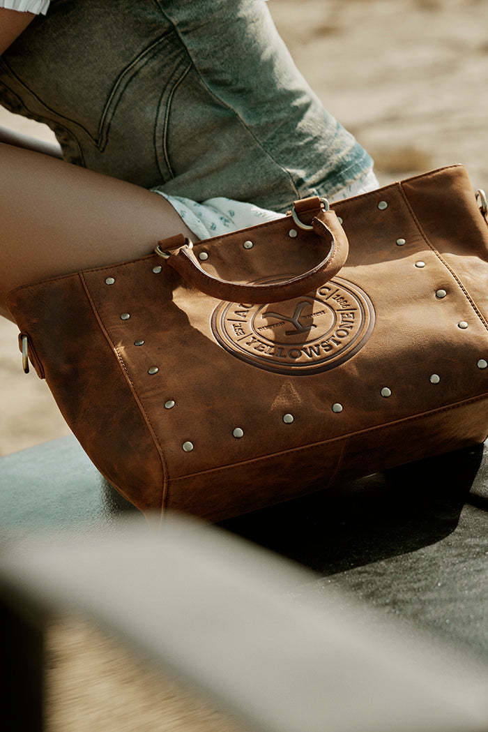 Yellowstone Valley Soul Studded & Embossed Tote Leather Bag in Amber