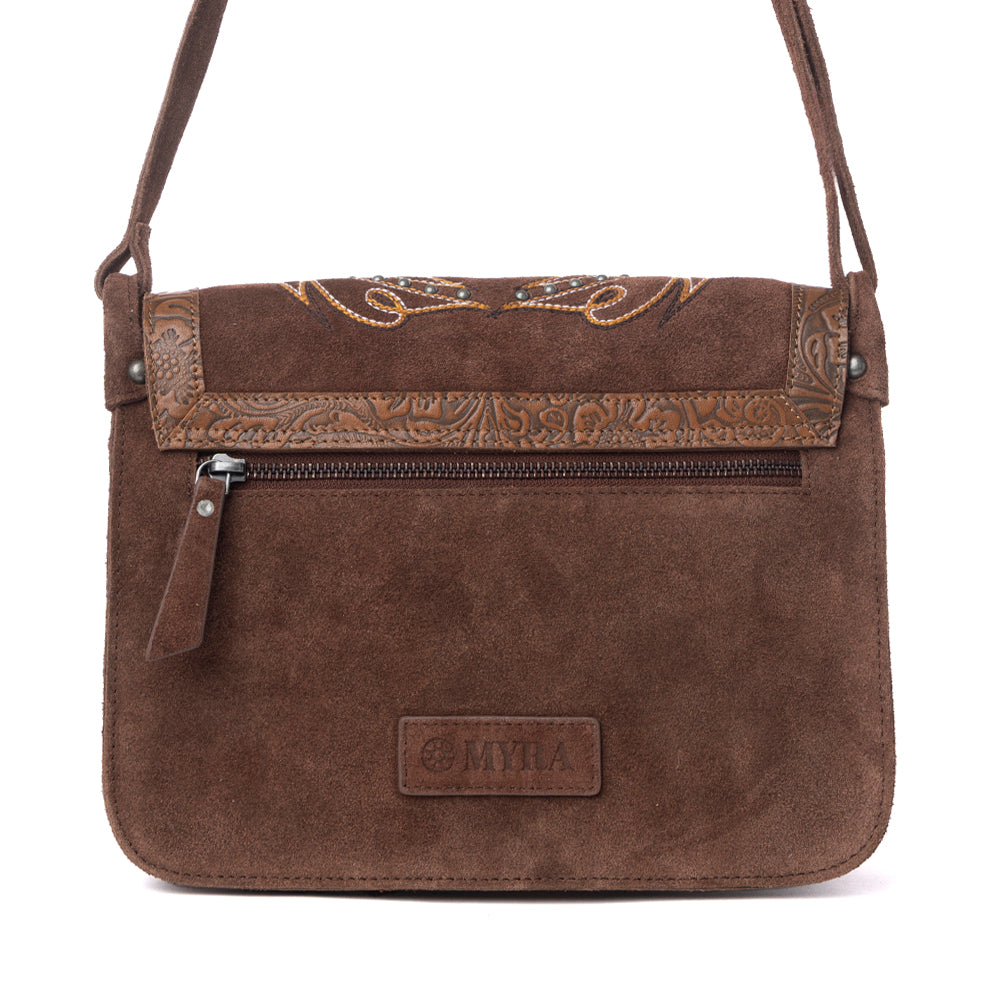 Amberwood Suede Leather Boot Embroidered Leather Bag in Chestnut Brown