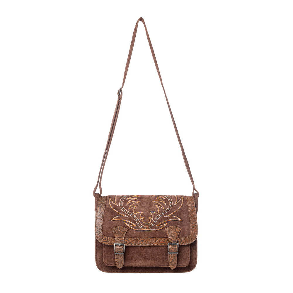 Amberwood Suede Leather Boot Embroidered Leather Bag in Chestnut Brown