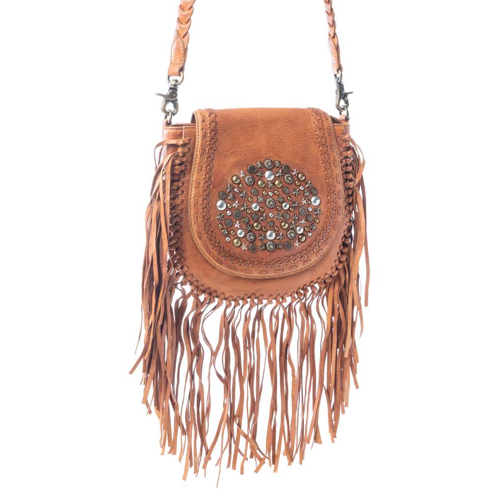 Festival Ember Studded Leather Bag with Fringes in Western Clay