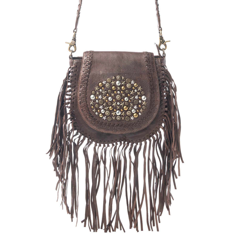 Luna Belle Studded Leather Bag with Fringes in Maverick Mocha