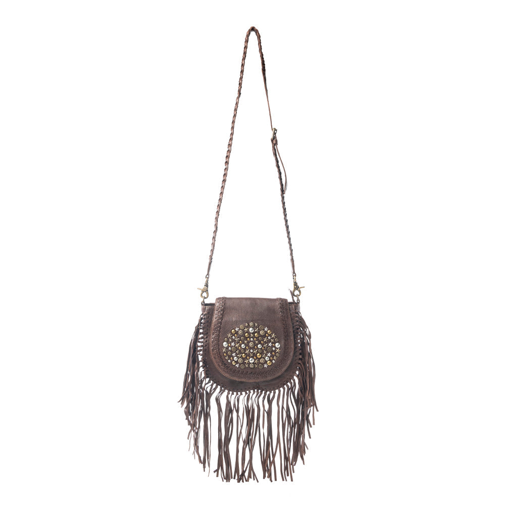 Luna Belle Studded Leather Bag with Fringes in Maverick Mocha