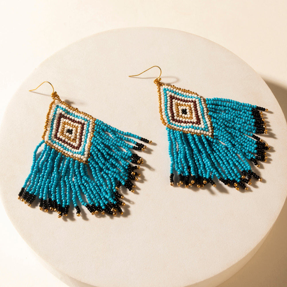 Bluebonnet Range Beaded Fringe Earrings in Halo Blue