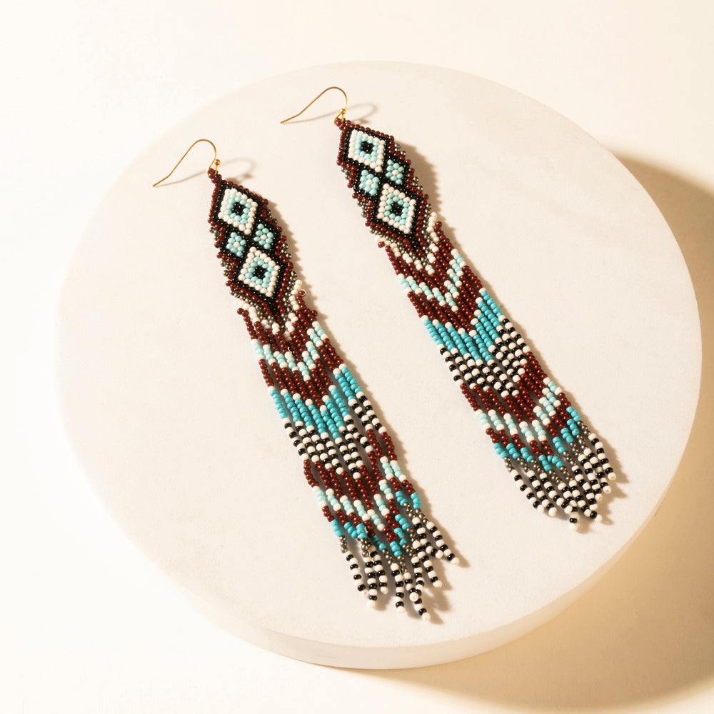 High Ranger Beaded Fringe Earrings in Saddle Blue
