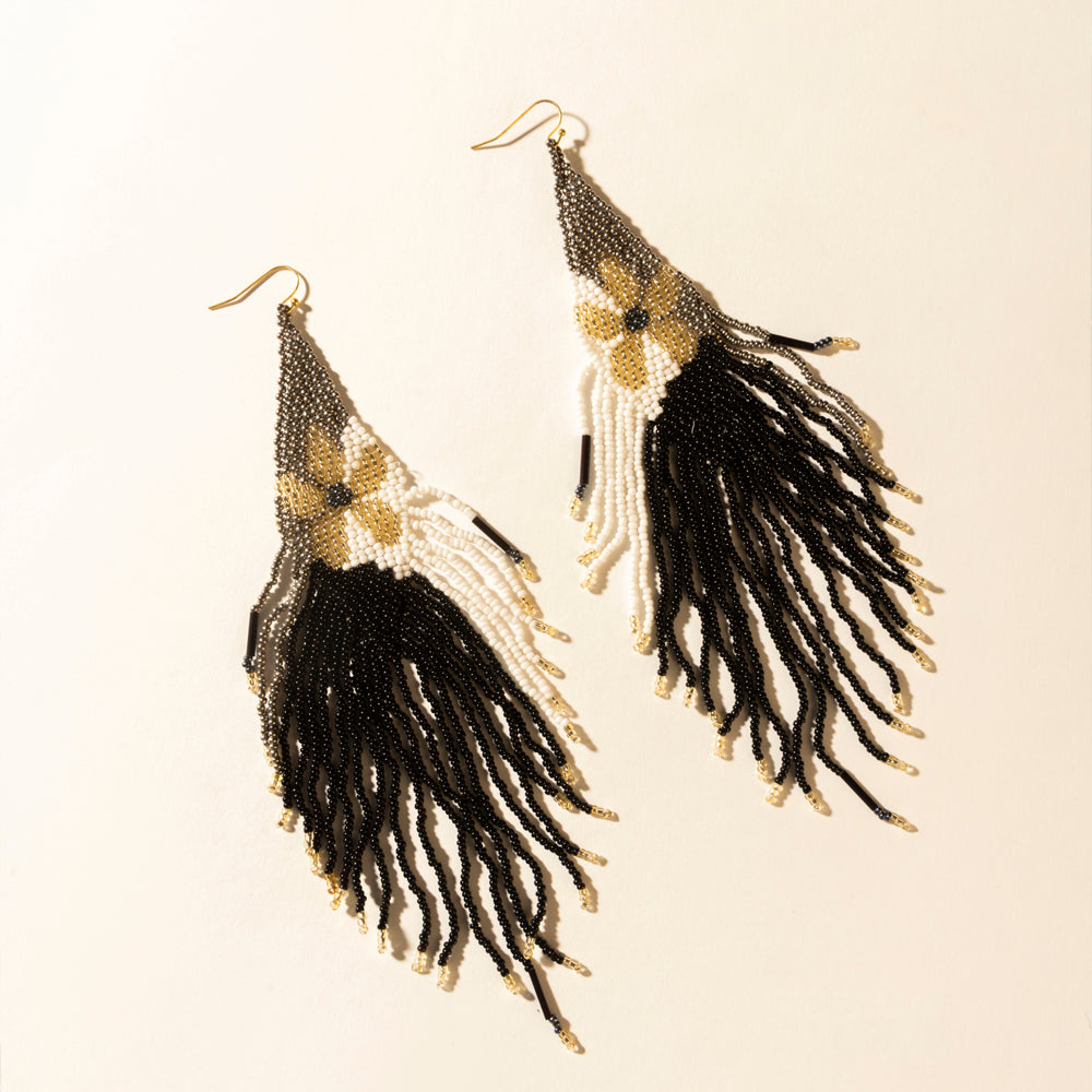 Moonlit Sage Beaded Fringe Earrings in Midnight Coal