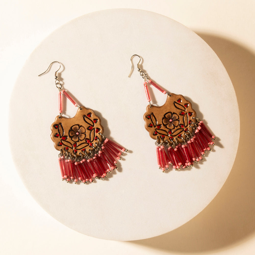 Handtooled Carnival Bloom Fringe Earrings in Ember Pink