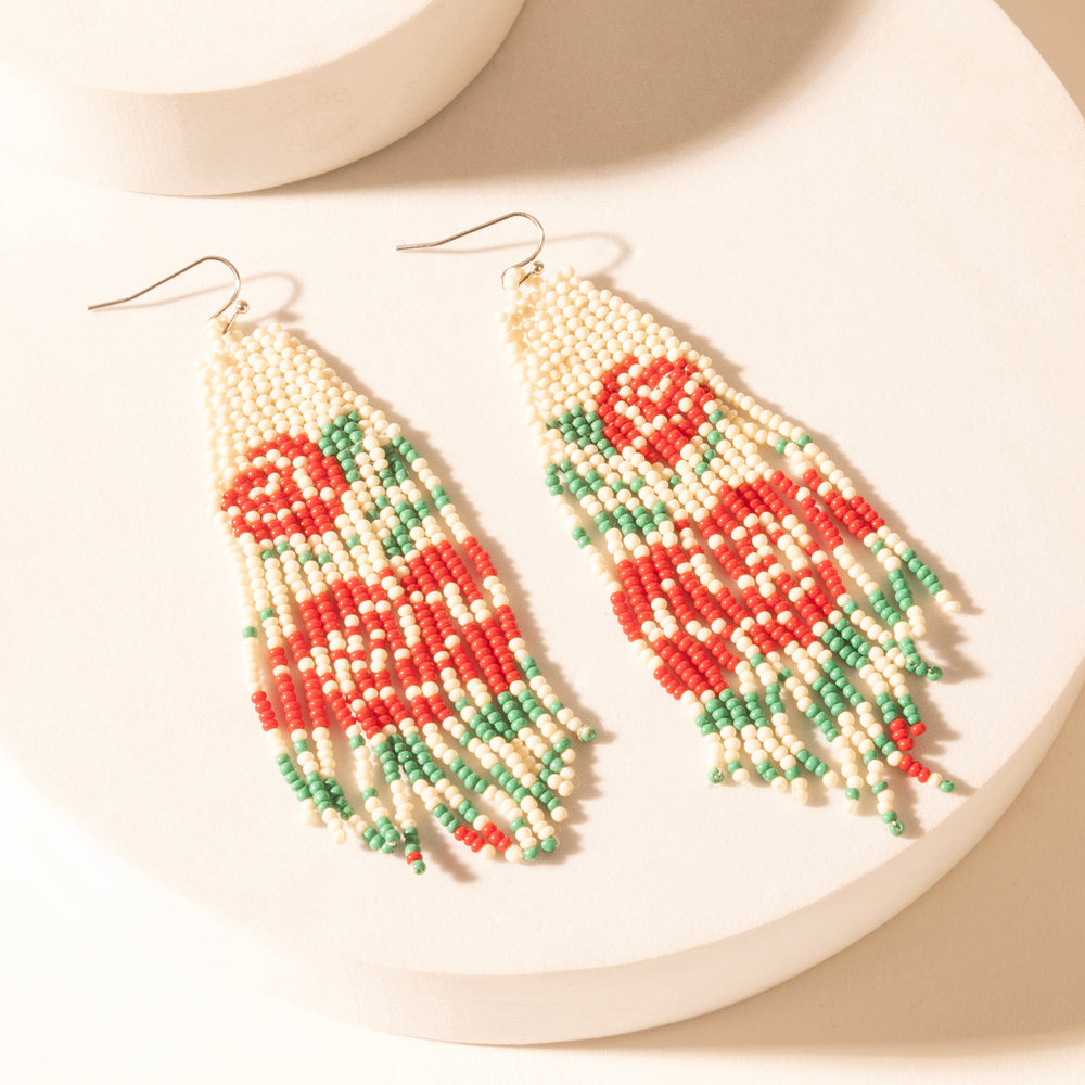 Rose Garden Beaded Fringe Earrings in Cream Ivory