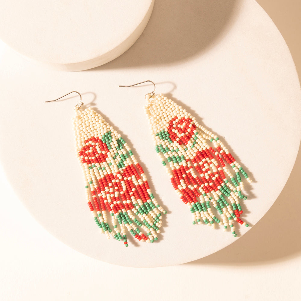 Rose Garden Beaded Fringe Earrings in Cream Ivory